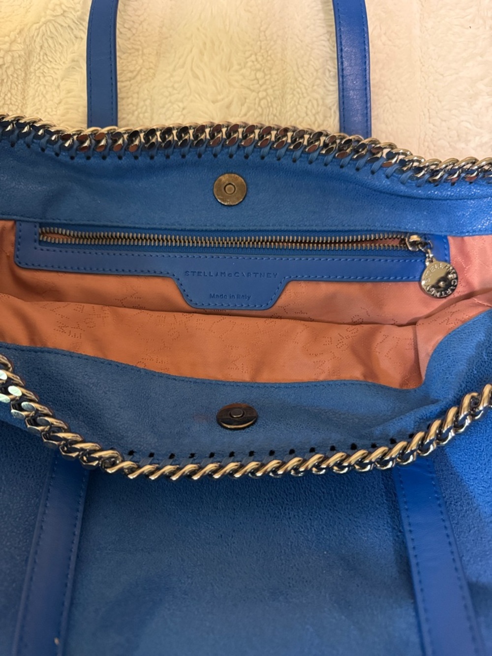 Stella McCartney Bright Blue Tote with Peach Interior and Chain Trim